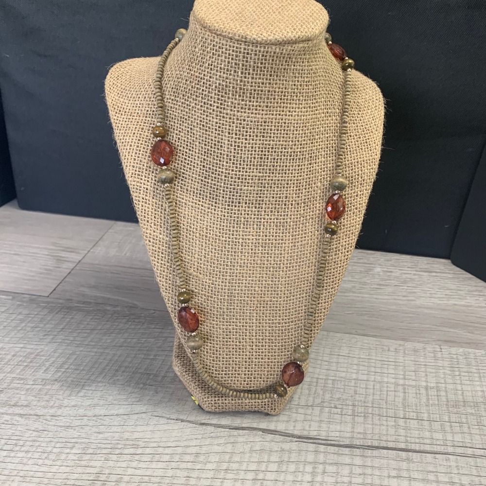 Boho Amber Resin and Wood Bead Long Opera Length Necklace Earth Tones 24 Inch